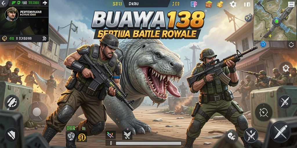 Tangkapan layar utama gameplay BUAYA138 menampilkan aksi Battle Royale yang mendebarkan.