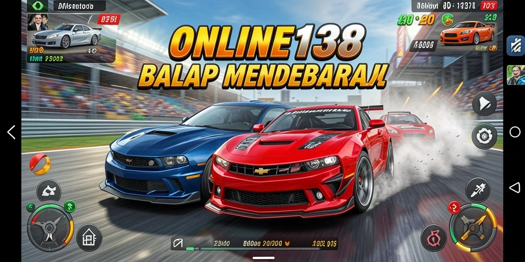 Screenshot utama ONLINE138 menampilkan aksi balap mobil yang mendebarkan di trek yang menantang.